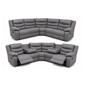 Grey Leather 5 Seater Corner Recliner Sofa with Cup Holders